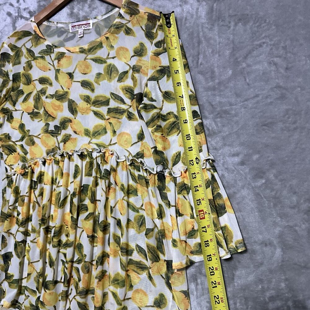 Mishca Novelty Mesh Bell Sleeve Peplum Top Womens Sz S Yellow Lemon Print Sheer - Picture 6 of 8
